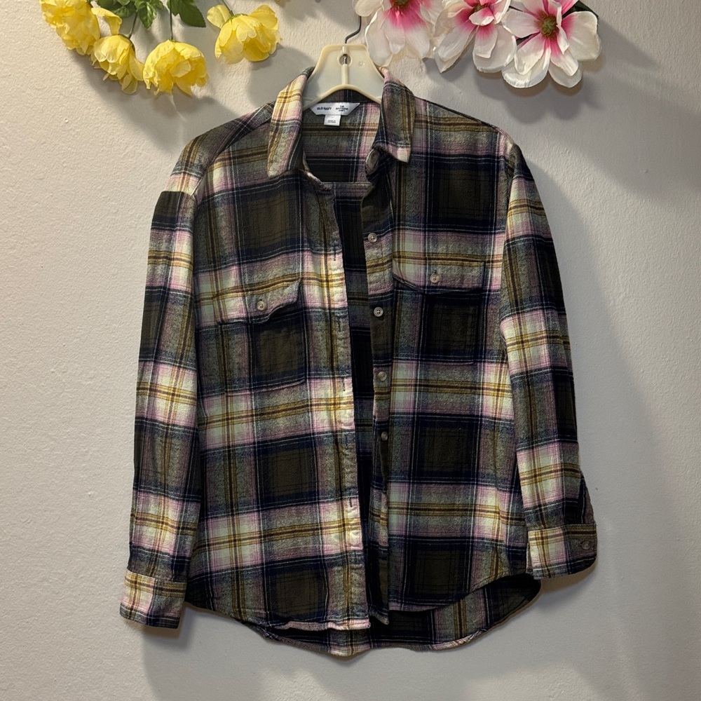 Old Navy Olive, Black & Cream Plaid Button-Down Shirt